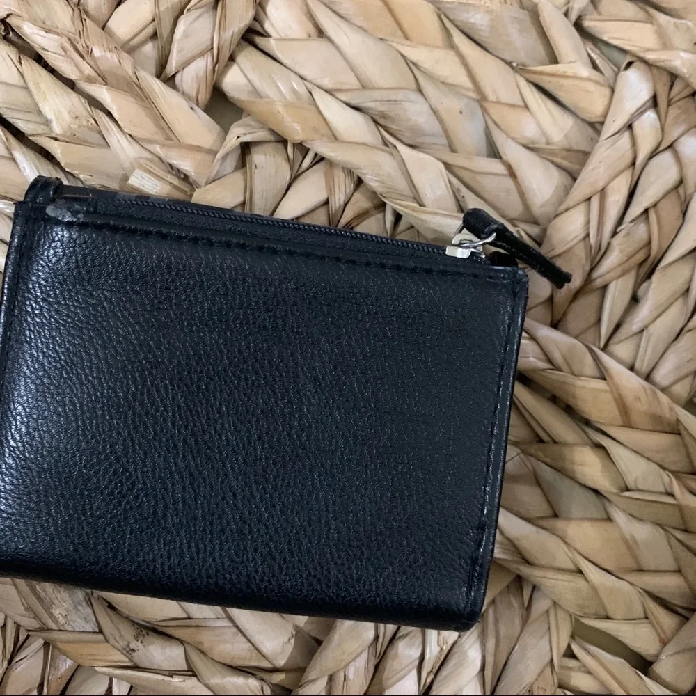 Black faux leather wallet w/fabric on front